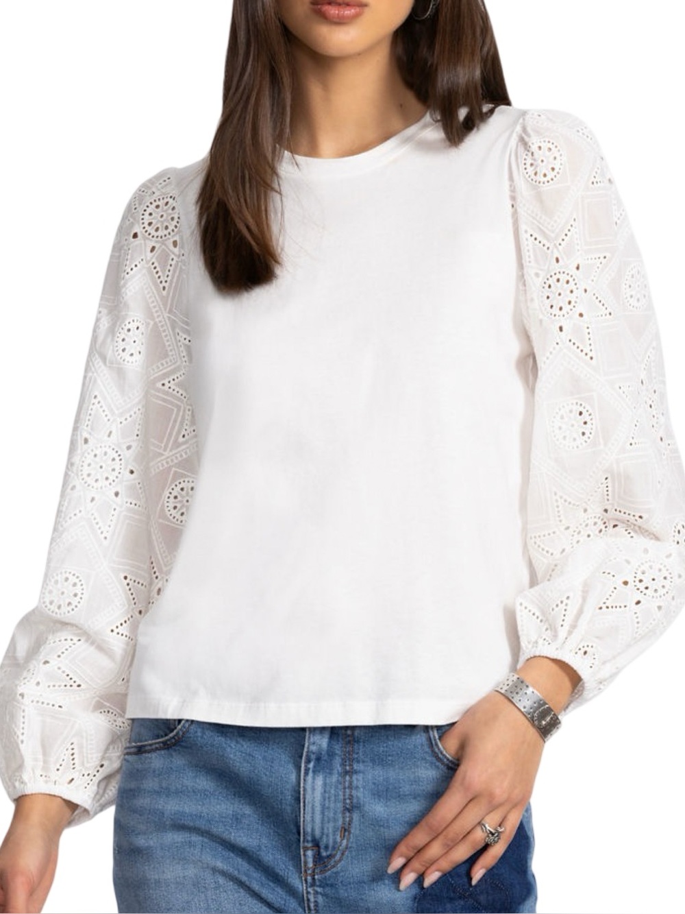 Johnny Was Jade Women’s Size S White Eyelet Puff Long Sleeve Nora Blouse Top